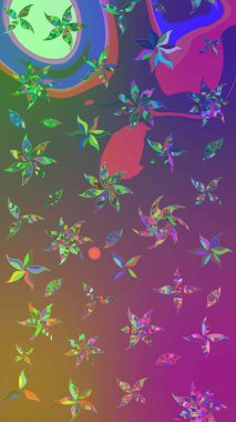 Raster illüstrasyonu. Mor ve yeşil renkli çiçekler. Çizim çiçek deseni duvar kağıdı için kullanılabilir.