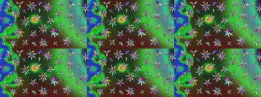 Arkaplan dokusu, duvar kağıdı, yeşil ve mavi renkli çiçek teması. Soyut etnik raster çizim kalıbı. Kabile sanatı boho baskısı, klasik çiçek arkaplanı.