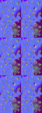 Gömlek, arka plan modelini çiz. Tropik çiçekler. Mor ve mavi renkte çiçekler.