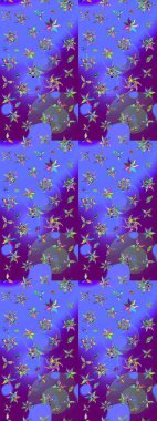 Mor ve mavi renkte manzaralı çiçek deseni. Çiçek kompozisyonu, el boyası, hassas şablon. Üst manzara, yumuşak stil. Sevgililer günü ve tebrik kartı konsepti için şık bir davet.