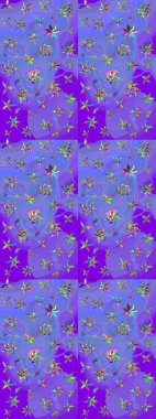 Sevimli çiçek raster deseni. Mor ve mavi renkte çiçekler. Sketch Colour Spring Theme eskiz kalıbı. Düz Çiçek Elementleri Tasarımı.