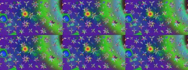 Moda baskıları için zarif bir şablon. Halk tarzı. Parlak renkli çiçekleri ve yeşil ve mavi renkli yaprakları olan harika bir çiçek deseni. Modern çiçek arkaplanı.