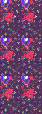 Mor ve mor renkte bahar çiçekleri. Raster illüstrasyonu. Çiçek ve yapraklı karalama şeklinde Raster çiçek deseni.