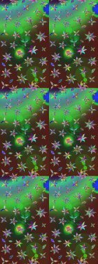 Eskiz geçmişi. Kumaş, tekstil, duvar kağıdı baskısı için. Eski usul. Raster illüstrasyonu. Renkli desenli eskiz deseni, yeşil ve kahverengi çiçekler ve dekoratif elementler.