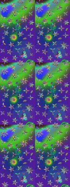 Küçük çiçekte hoş bir çiçek deseni var. Menekşe rengi ve parlak çiçekli mavi renkler üzerine soyut çizim deseni. Çiçek elementli zarif raster dokusu..