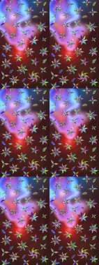 Küçük çiçekte hoş bir çiçek deseni var. Çiçeksel elementlerle süslenmiş zarif raster dokusu. Parlak çiçekli kahverengi ve mor renkler üzerine soyut çizim deseni.