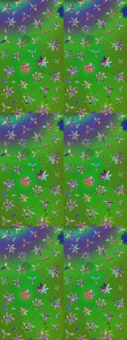 Parlak renkli fantezi çiçekleri, yapraklar, yeşil ve mor renkli tomurcuklar yeşil ve mor. Suluboya el çizimi elementli çiçek çizimi deseni.