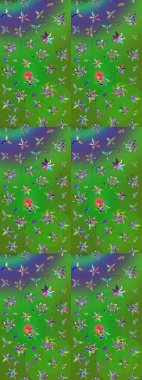 Yeşil ve mor renkli manzaralı çiçek deseni. Üst manzara, yumuşak stil. Sevgililer günü ve tebrik kartı konsepti için şık bir davetiye. Çiçek kompozisyonu, el boyası, hassas şablon..