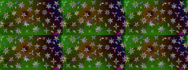 Patlayan çiçekler soyut olarak yerleştirilmiş. Raster deseni. Yumuşak, yeşil ve kahverengi renklerde bahar çiçekleri. Raster illüstrasyonu.