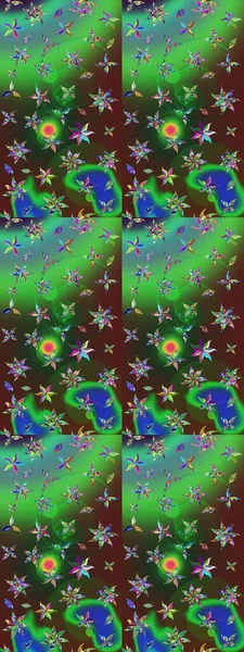 Raster Floral Illustration, Asyalı tekstil. Yeşil ve mavi renkli etnik çiçeklerle zarif bir eskiz deseni.