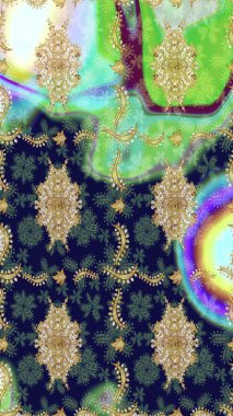 Raster eskiz deseni, altın antika ortaçağ dekoratifi, yapraklar ve yeşil renkli altın desenli süslemeler. Kraliyet lüksü, altın barok kumaş rengi..