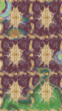 Çiçek süsü kumaş deseni, cam, altın elementlerle kahverengi renklerde çiçek desenli metal. Klasik Raster altın eskiz modeli..