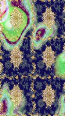 Geleneksel altın sarısı desenli mavi renkli ve altın elementli. Barok tarzında eskiz doğulu süsü..