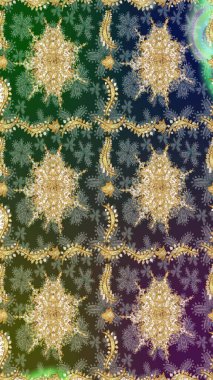 Altın elementlerle yeşil renklerde altın desen. Klasik altın desenli çizim. Raster geleneksel oryantasyon süsü.