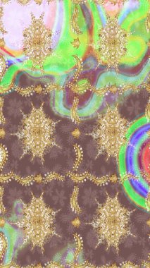 Klasik Raster Golden eskiz kalıbı. Çiçek süsü kumaş deseni, cam, altın elementlerle kahverengi renklerde çiçek desenli metal..