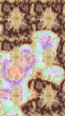 Süslü dekorasyon. Damask altın soyut çiçek deseni nötr renklerde. Raster illüstrasyonu.