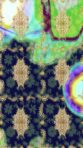 Raster eskiz deseni, altın antika ortaçağ dekoratifi, yapraklar ve yeşil renkli altın desenli süslemeler. Kraliyet lüksü, altın barok kumaş rengi..