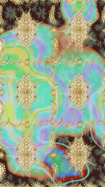 Kraliyet lüksü, altın barok kumaş rengi eskiz. Raster eskiz deseni altın antika ortaçağ dekoratifi, yapraklar ve altın desenli süslemeler tarafsız renklerde..