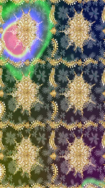 Altın elementli yeşil renkli altın desen. Lüks, kraliyet ve Viktorya dönemi konsepti. Raster klasik barok çiçek deseni altın rengi. Süsleme.