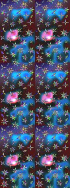 Raster illüstrasyonu. Çiçek süslemeli çizim deseni. Mavi ve mor renkte çiçekler.