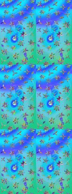 Raster güzel bir çiçek deseni çizmiş. Bahar mevsimi. Tatil havası. Nazik romantik baskı. Mavi ve yeşil renkte çiçekler.