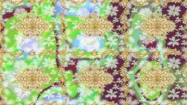 Süslü raster dekorasyonu. Barok tarzında duvar kâğıdı tasarımı için eskiz şablonu arka planı. Altın elementlerle nötr renklerde altın desen.