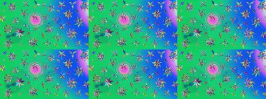 Raster düz çiçek çizim deseni. Hediye ambalaj kağıdı, tebrik kartları, posterler ve pankart tasarımı. Yeşil ve mavi renkte çiçekler.