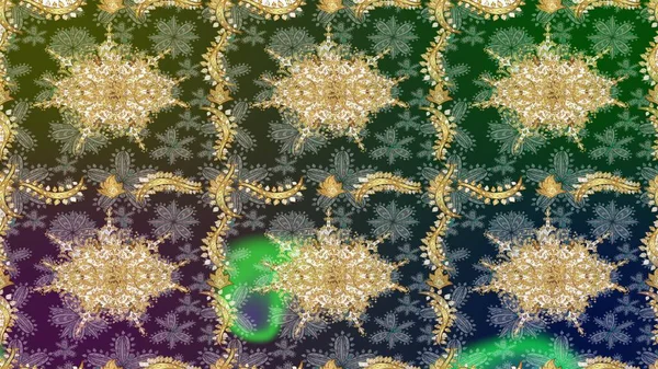 Altın karalama fantezi yapraklarından ve yeşil renkli çiçeklerden Raster soyut çiçek çelengi. El yapımı dekoratif çerçeve, albüm kapağı, tebrik kartı, klasik Art deco tarzı.