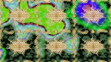 Damask çizim kalıbı arka planı tekrarlıyor. Yeşil renklerdeki altın element. Antika altın tekrarlanabilir duvar kağıdı. Barok tarzında altın çiçek süsü..