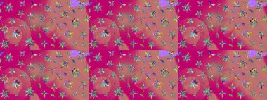 Raster illüstrasyonundaki çiçek desenli çizim. Pembe ve morumsu renkte çiçekler. Renkli Bahar Teması eskiz kalıbı. Düz Çiçek Elementleri Tasarımı.