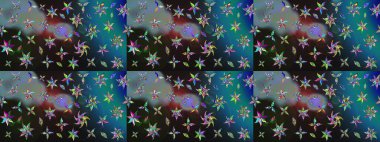 Raster düz çiçek çizim deseni. Hediye ambalaj kağıdı, tebrik kartları, posterler ve pankart tasarımı. Gri ve mavi renkte çiçekler.