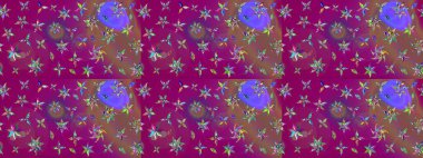 Çiçek desenli çizim. Raster illüstrasyonu. Asya tekstil tarzında. Mor ve kahverengi renkte çiçekler. Raster illüstrasyonu.