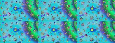 Çiçek desenli çizim. Raster illüstrasyonu. Asya tekstil tarzında. Mavi ve yeşil renkli çiçekler. Raster illüstrasyonu.