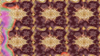 İslam tasarımı. Çiçek kiremitleri. Eskiz desenli oryantal süs. Raster altın tekstil baskısı. Altın elementlerle kahverengi renklerde altın desen.