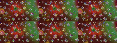 Düz Çiçek Elementleri Tasarımı. Renkli Bahar Teması eskiz kalıbı. Kahverengi ve yeşil renkli çiçekler. Sevimli çiçek raster deseni.