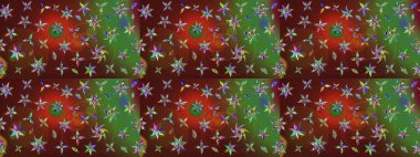 Çiçekli ipek eşarp. Retro tekstil tasarım koleksiyonu. 1950-1960 motifleri. El çizimi çiçek unsurları olan soyut çizim raster deseni. Kahverengi ve yeşil kahverengi ve yeşil.