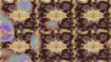 Kahverengi renkli ve altın elementli eskiz deseni. Doğu tarzı arabesk. Parlak dantel, stilize çiçekler, şal desenli. Raster sanatı. Hassas altın deseni açın. Altın desenli bukleler çiz