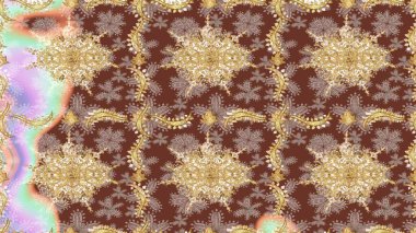 Klasik Raster altın desenini çiz. Klasik klasik klasik arka plan. Kahverengi renkli ve altın elementli eskiz deseni. Geleneksel oryantasyon süsü.