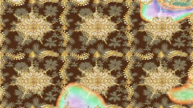 Kahverengi renklerde altın element. Süslü raster dekorasyonu. Lüks, kraliyet ve Viktorya dönemi konsepti. Kahverengi yerine altın rengi barok çiçekli eskiz deseni.