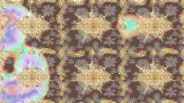 Çiçek süslemeli Raster eskiz deseni. Süslü dantel iz sürücü. Kahverengi renkli geleneksel Arap dekoru. Doğu tarzında klasik tasarım öğesi. Duvar kağıdı için altın süslü illüstrasyon.