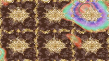 Damask çizimi tekrarlanıyor. Doku arka planında altın duvar kâğıdı. Kahverengi renklerde altın element. Barok tarzında altın çiçekli süs..