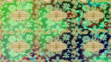 Eskiz oryantal klasik altın desen. Yeşil renklerde altın tekrarlayan elementler içeren Raster soyut arkaplanı.