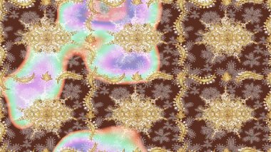 Lüks, kraliyet ve Viktorya dönemi konsepti. Kahverengi renklerdeki altın desenli altın elementler. Süslü dekorasyon. Raster klasik barok çiçek desenli altın rengi..