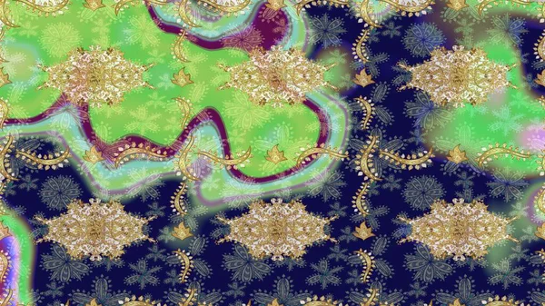Parlak dantel, stilize çiçekler, şal desenli. Raster. Altın desenli bukleler çiz. Hassas altın deseni açın. Doğu tarzı arabesk. Mavi renkler ve altın elementlerle çizim deseni.