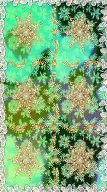 Geleneksel Arap dekoru yeşil renklerde. Duvar kâğıdı için altın süslü bir illüstrasyon. Süslü dantel iz sürücü. Çiçekli süslemeli, pürüzsüz bir desen. Doğu tarzında vintage tasarım ögesi.