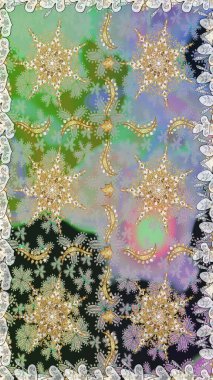 Kusursuz altın desenli bukleler. Parlak dantel, stilize çiçekler, şal desenli. Hassas altın deseni açın. Raster. Tarz arabesk. Tarafsız ve gri renklerde altın elementlerle kusursuz desen.