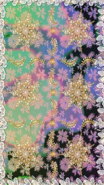 Tarafsız ve gri renklerde altın bir element. Damask arkaplanı. Barok tarzında altın çiçekli süs. Altın çiçekli, pürüzsüz desen.