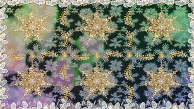 Süslü dantel iz sürücü. Çiçekli süslemeli, pürüzsüz bir desen. Doğu tarzında klasik tasarım öğesi. Gri renkli geleneksel Arapça dekor. Duvar kağıdı için altın süslü illüstrasyon.