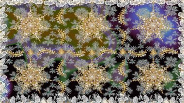 Raster oryantal süs. Gri ve nötr renklerde altın desenler ve altın elementler. Geleneksel klasik altın desen. Barok tarzında kusursuz bir doğulu süsü..