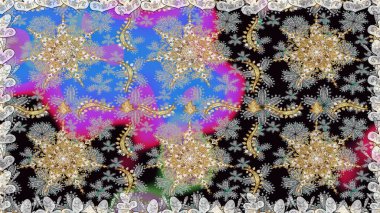 Davetiyeler, kartlar, web sayfası için Raster illüstrasyon. Çizgi sanatı tasarım şablonu için kusursuz sınır. Altın desenli çiçek dekoru. Doğu tarzı element. Gri ve siyah renkler üzerine altın element.